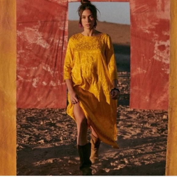 Sezane Dresses & Skirts - Sezane 42 US 10 Tinsley Jacquard Yellow Midi Dress 3/4 Sleeve